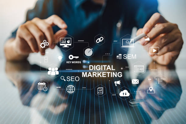DM Digital marketing business technology concept. Website advertisement email social media network, SEO, SEM video and mobile application icons in virtual screen.